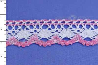 Тесьма плетеная кружевная "ЛЕН" 25мм/розовый-белый - купить в Сарапуле. Цена: 26.41 руб.